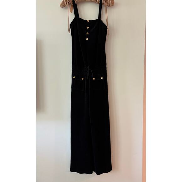 Vintage Juicy Couture Velour Jumpsuit Size 10 Black Gold Buttons Y2K One Piece - Picture 1 of 11